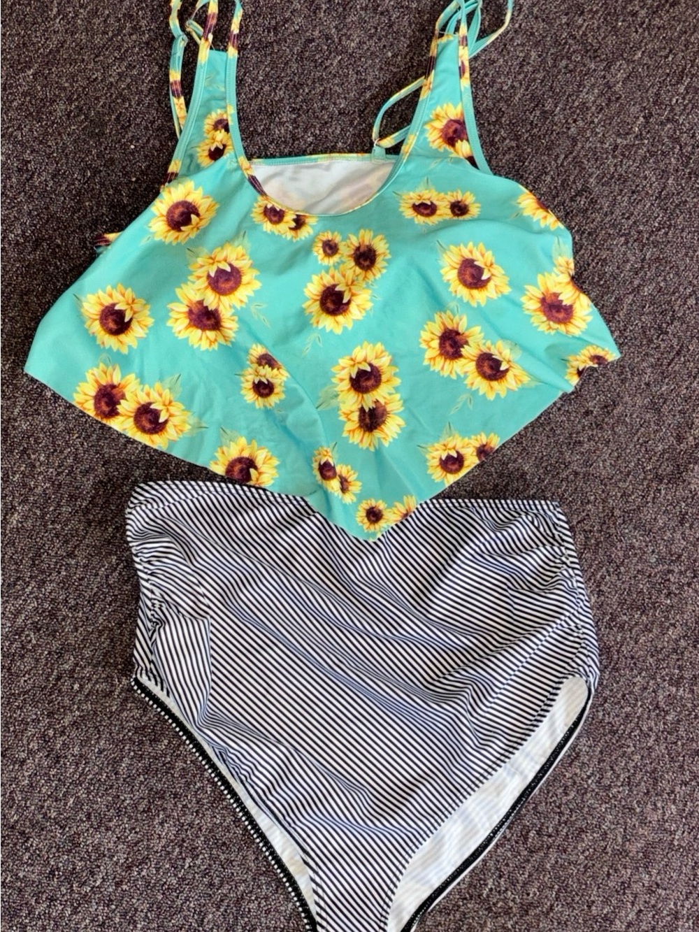 Sunflower Print Aqua Swim Tankini Swimsuit with Striped  high rise Bottom.